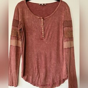 BKE Long Sleeve Button Henley Top - Rust